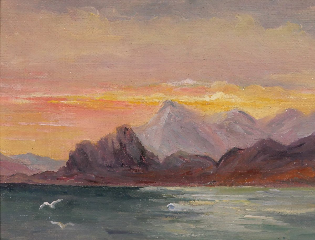 M. Savidan 19-20th Landscape Of The Coasts Of Spain, Evening Effect, 1922 Painting Sea Marine Landscape-photo-1