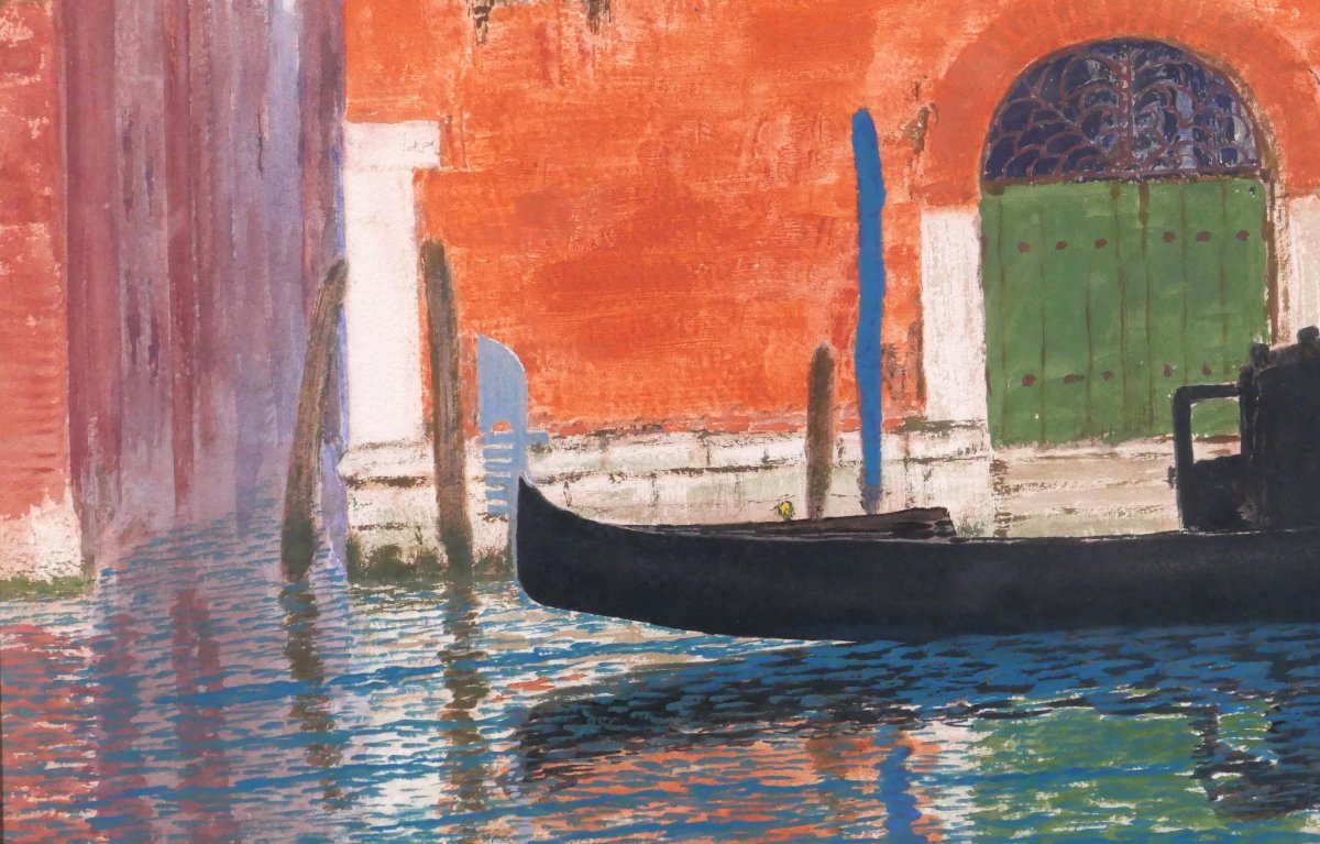 Sigismond JEANES 1863 - 1952 Venise, paysage à la gondole, tableau, vers 1920-30 Italie-photo-4