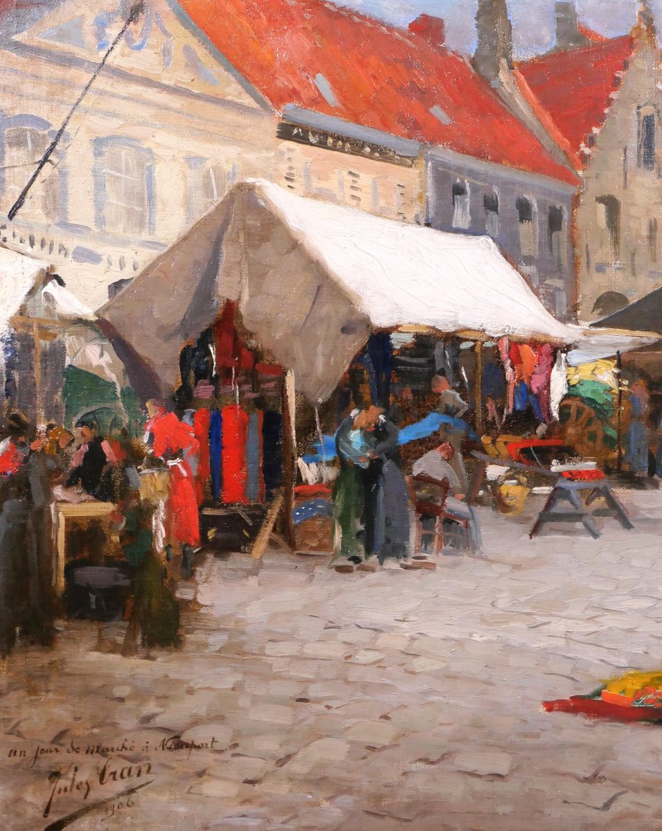 Jules CRAN 1876-1926 Belgique, Jour de marché à Nieuport, tableau, 1906, impressionnisme-photo-3