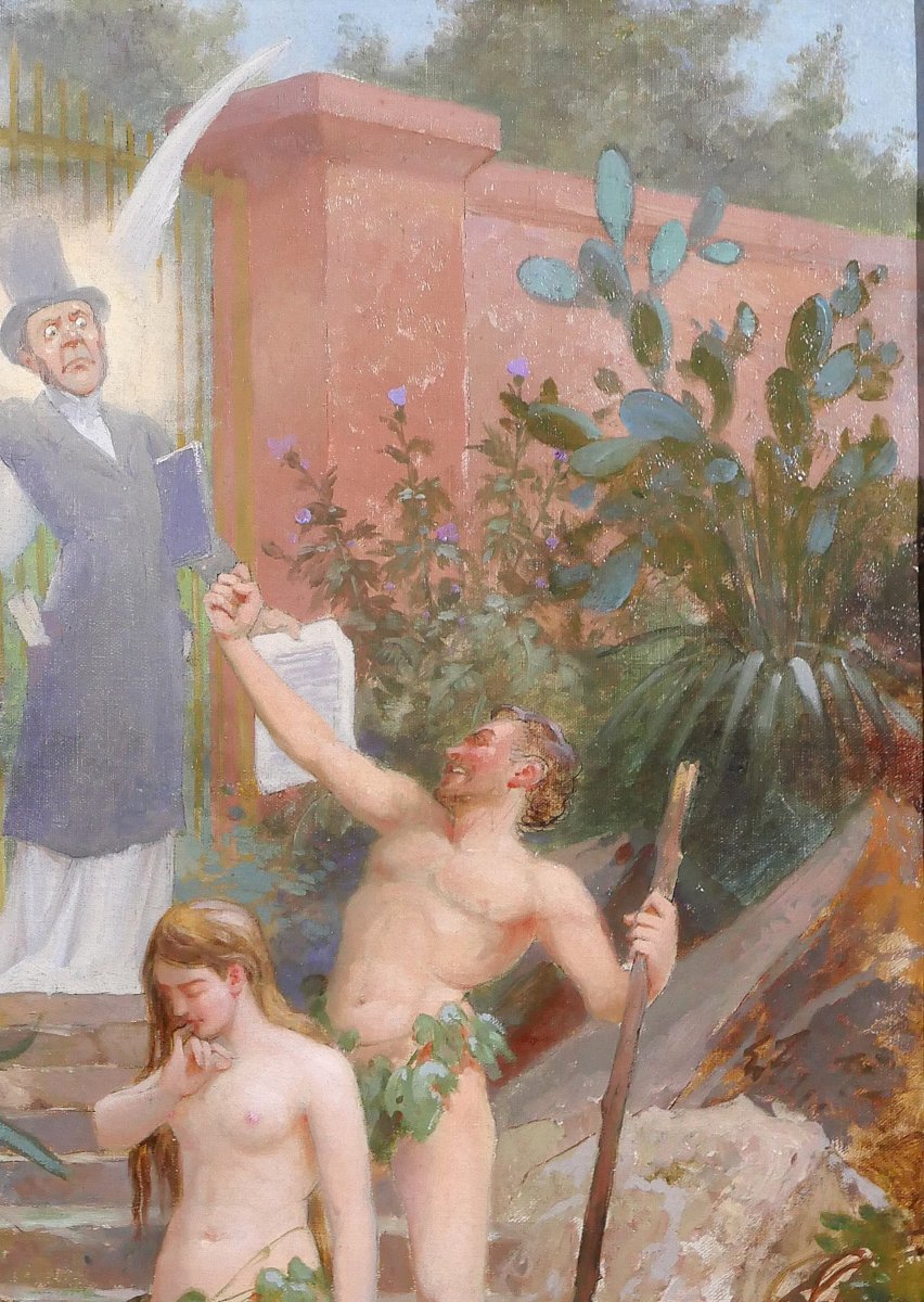 B. MOLOCH 1849-1909 Adam et Eve chassés du Paradis, tableau, 1892, caricature, Alphonse Colomb-photo-2
