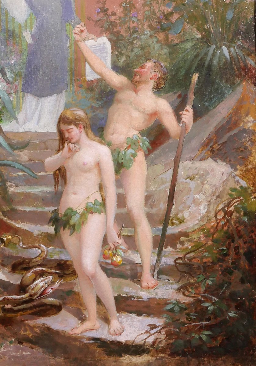 B. MOLOCH 1849-1909 Adam et Eve chassés du Paradis, tableau, 1892, caricature, Alphonse Colomb-photo-3