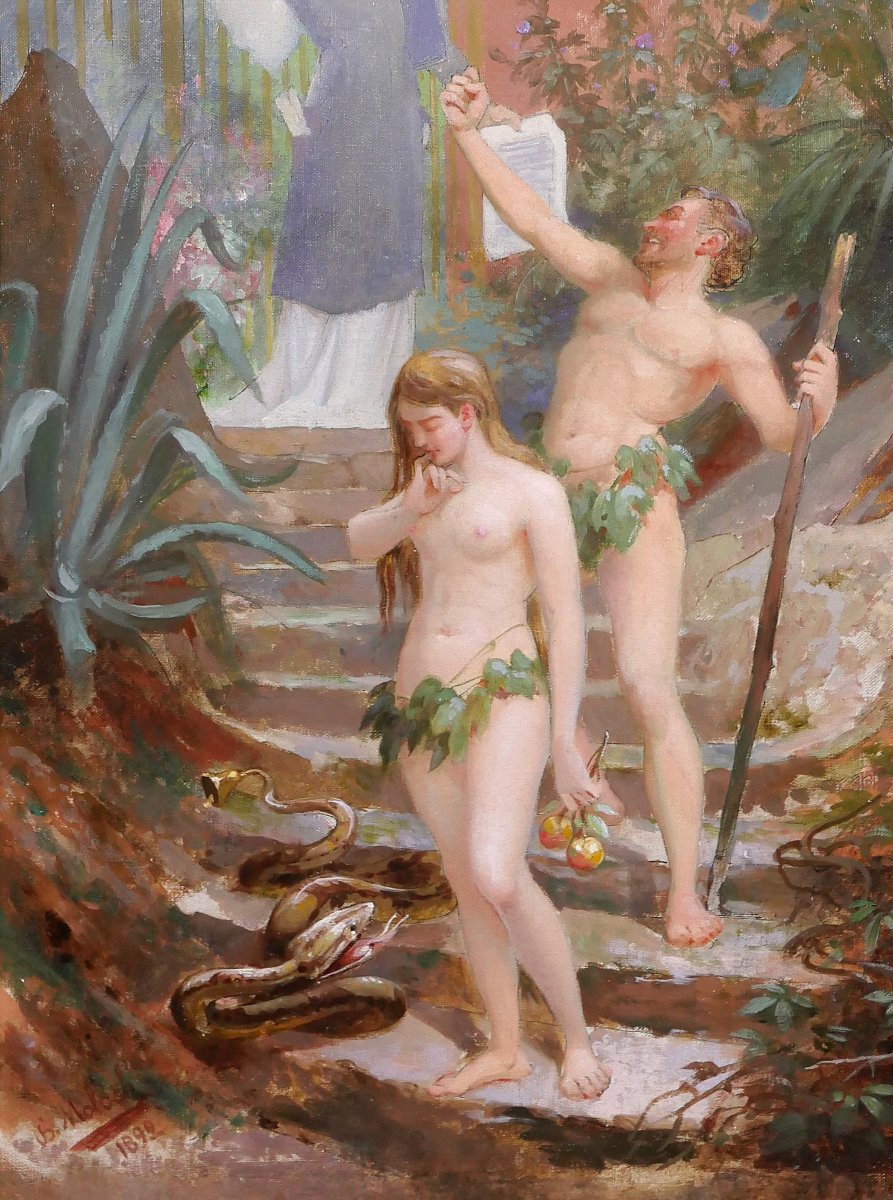 B. MOLOCH 1849-1909 Adam et Eve chassés du Paradis, tableau, 1892, caricature, Alphonse Colomb-photo-4