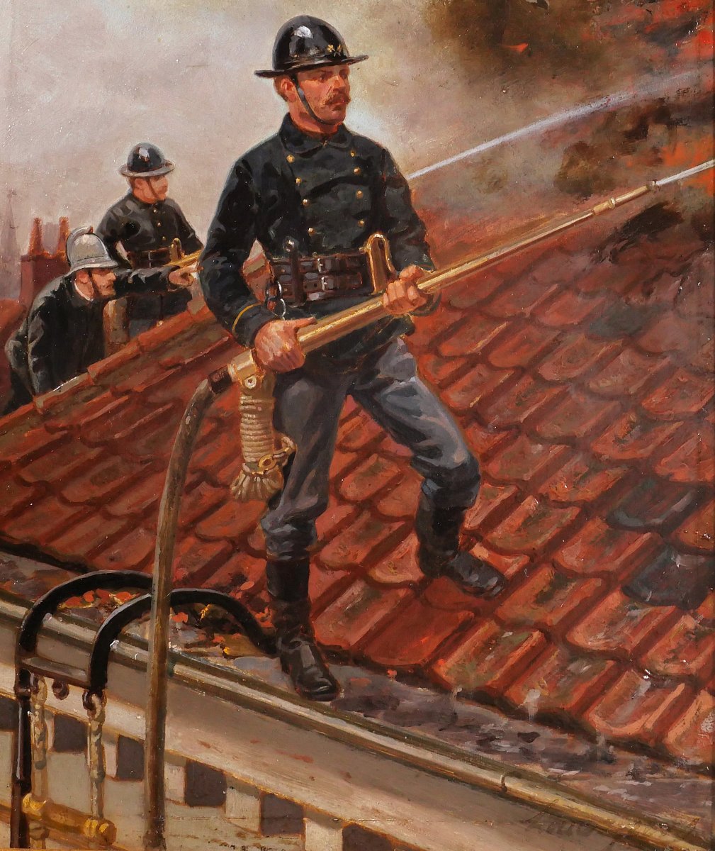 Louis GEENS 1835-1906 Pompiers à Gand, Belgique tableau 1877 Sapeurs-Pompiers soldat feu-photo-4