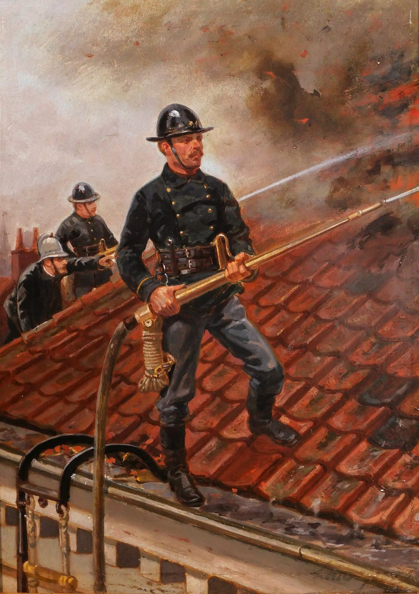 Louis GEENS 1835-1906 Pompiers à Gand, Belgique tableau 1877 Sapeurs-Pompiers soldat feu