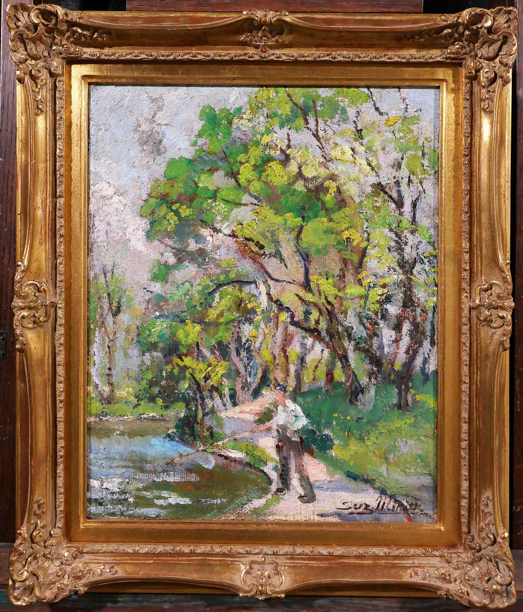 Suzanne Minier 1878-1955 Paysage au pêcheur, tableau, vers 1910-20 Post-impressionnisme-photo-2