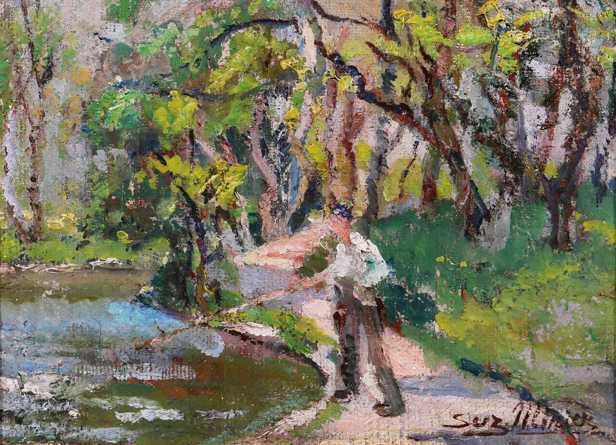 Suzanne Minier 1878-1955 Paysage au pêcheur, tableau, vers 1910-20 Post-impressionnisme-photo-4