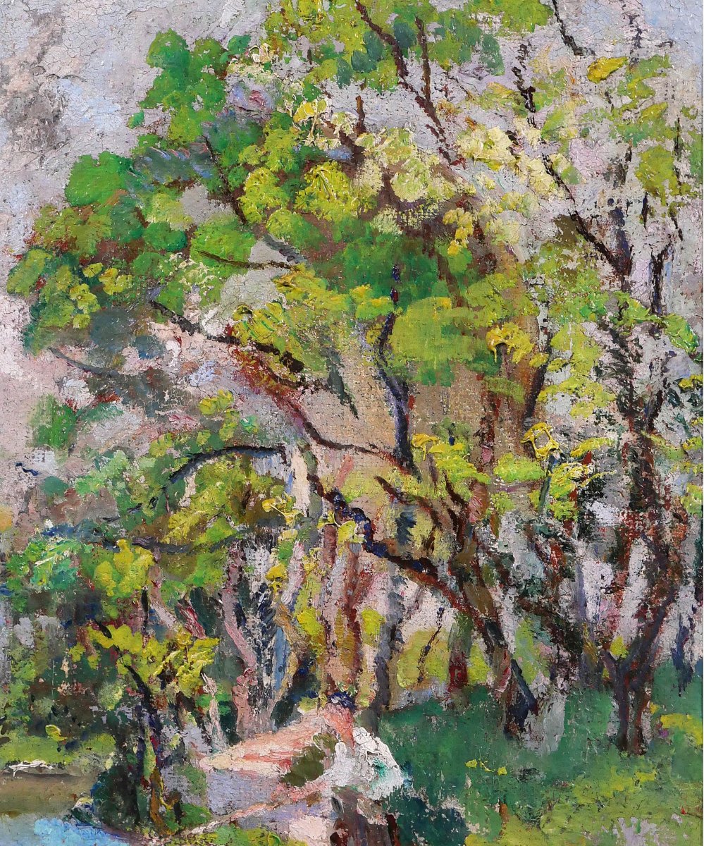 Suzanne Minier 1878-1955 Paysage au pêcheur, tableau, vers 1910-20 Post-impressionnisme-photo-2