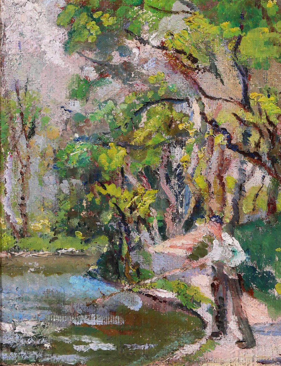 Suzanne Minier 1878-1955 Paysage au pêcheur, tableau, vers 1910-20 Post-impressionnisme-photo-4