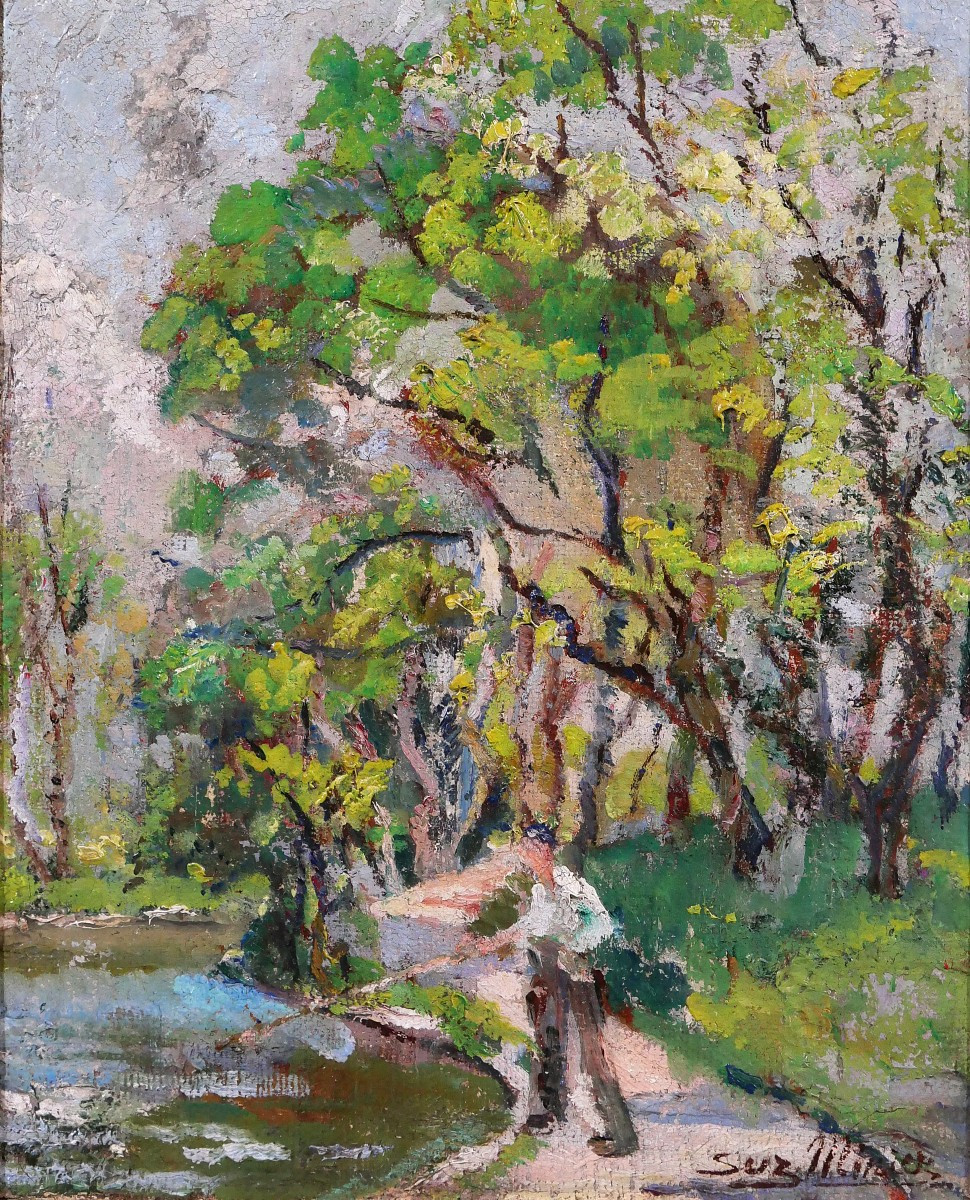 Suzanne Minier 1878-1955 Paysage au pêcheur, tableau, vers 1910-20 Post-impressionnisme
