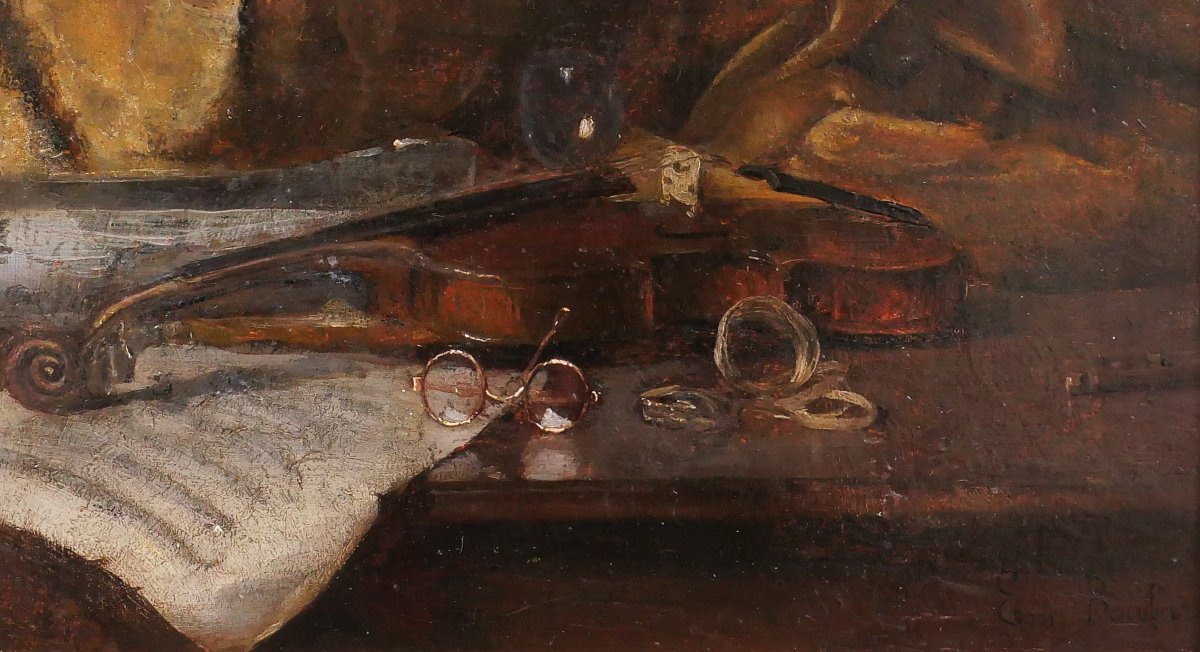 Emile Boulard 1863-1943 Still Life With Violin, Painting Circa 1900 Music Instrument-photo-3