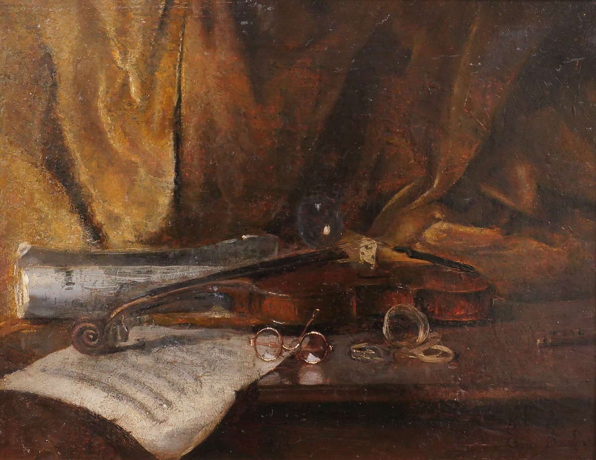 Emile Boulard 1863-1943 Still Life With Violin, Painting Circa 1900 Music Instrument