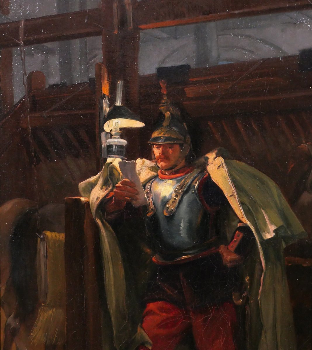 Marius Roy 1853-1921 Soldat lisant une lettre le soir dans l'écurie, tableau militaria armée-photo-3