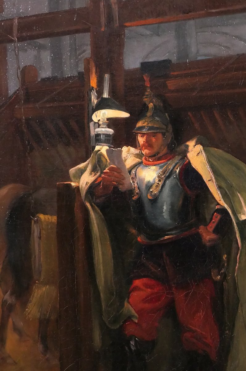 Marius Roy 1853-1921 Soldat lisant une lettre le soir dans l'écurie, tableau militaria armée-photo-2