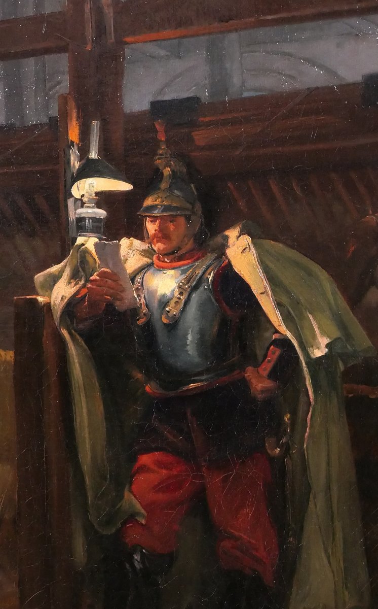 Marius Roy 1853-1921 Soldat lisant une lettre le soir dans l'écurie, tableau militaria armée-photo-3