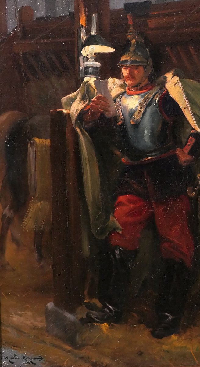 Marius Roy 1853-1921 Soldat lisant une lettre le soir dans l'écurie, tableau militaria armée-photo-5