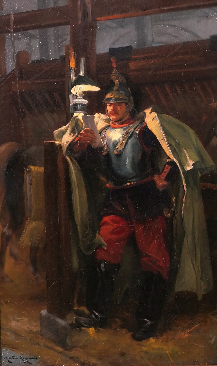 Marius Roy 1853-1921 Soldat lisant une lettre le soir dans l'écurie, tableau militaria armée