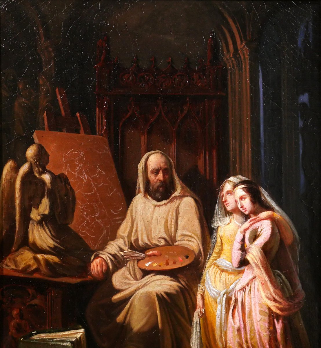 Ecole Troubadour vers 1830 Peintre dans son atelier, Fra Bartolomeo ? tableau Renaissance-photo-3
