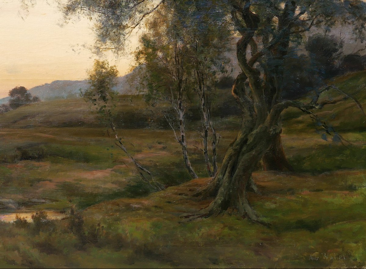 Albert-Charles Wallet, Paysage de coucher de soleil, grand tableau, Salon 1896, Dennemont-photo-3