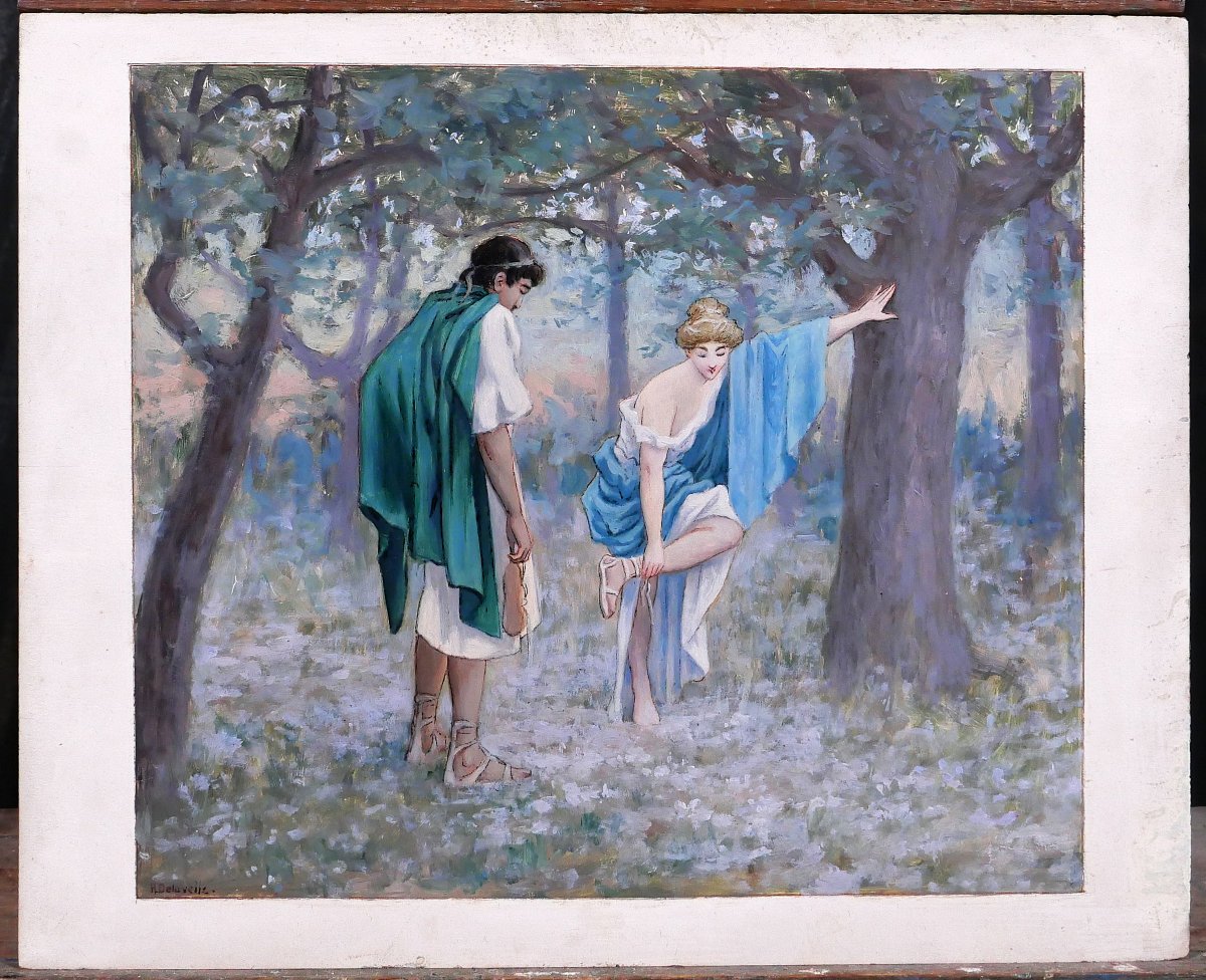 Henri-victor Delavelle 1868-1919 Roman Or Greek Antiquity, Couple, Mythology Painting-photo-3