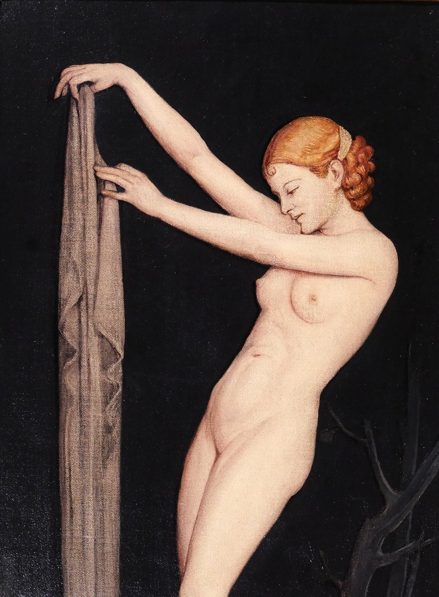Jos Damien 1879-1973 Nude Woman With A Sheet, Painting, Art Nouveau, Symbolism Belgium-photo-3