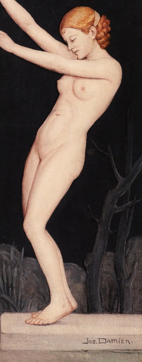 Jos Damien 1879-1973 Nude Woman With A Sheet, Painting, Art Nouveau, Symbolism Belgium-photo-3