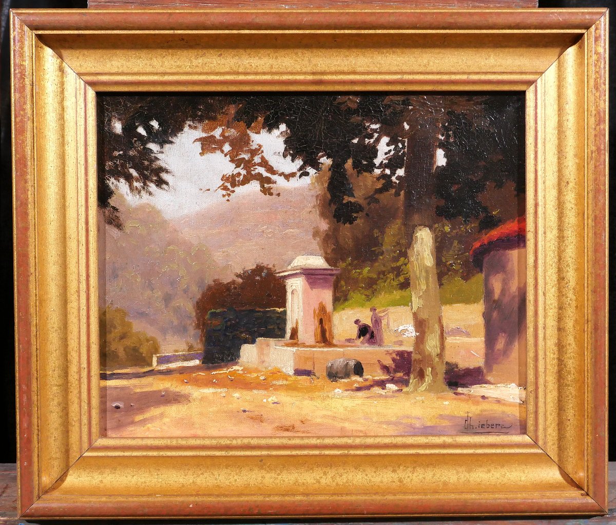 Charles Liebert Provence, Fountain Under The Plane Trees, Painting, Circa 1910-20 Var Landscape-photo-2