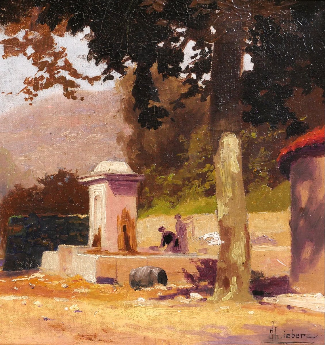 Charles Liebert Provence, Fountain Under The Plane Trees, Painting, Circa 1910-20 Var Landscape-photo-4