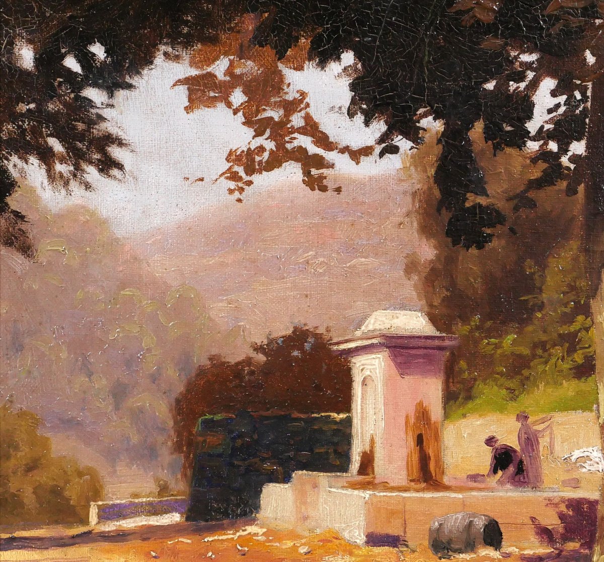 Charles Liebert Provence, Fountain Under The Plane Trees, Painting, Circa 1910-20 Var Landscape-photo-1