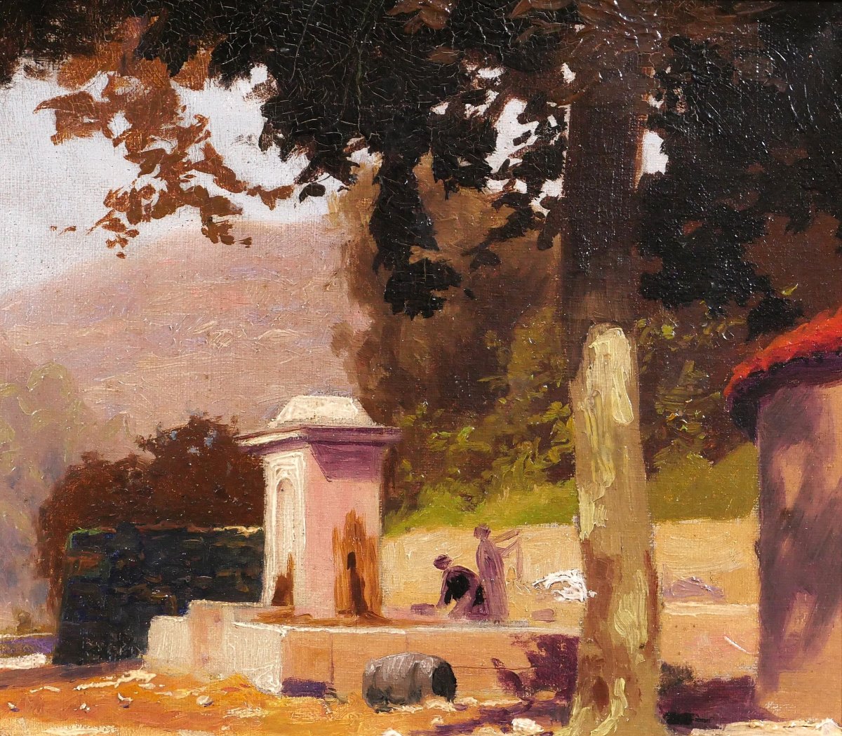 Charles Liebert Provence, Fountain Under The Plane Trees, Painting, Circa 1910-20 Var Landscape-photo-2