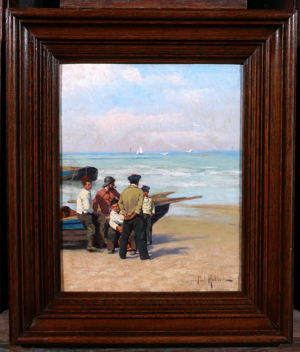 Paul-antoine Hallez 1872-1965 Fishermen, Waiting For The Tide, Painting Circa1900 Sea Landscape-photo-2