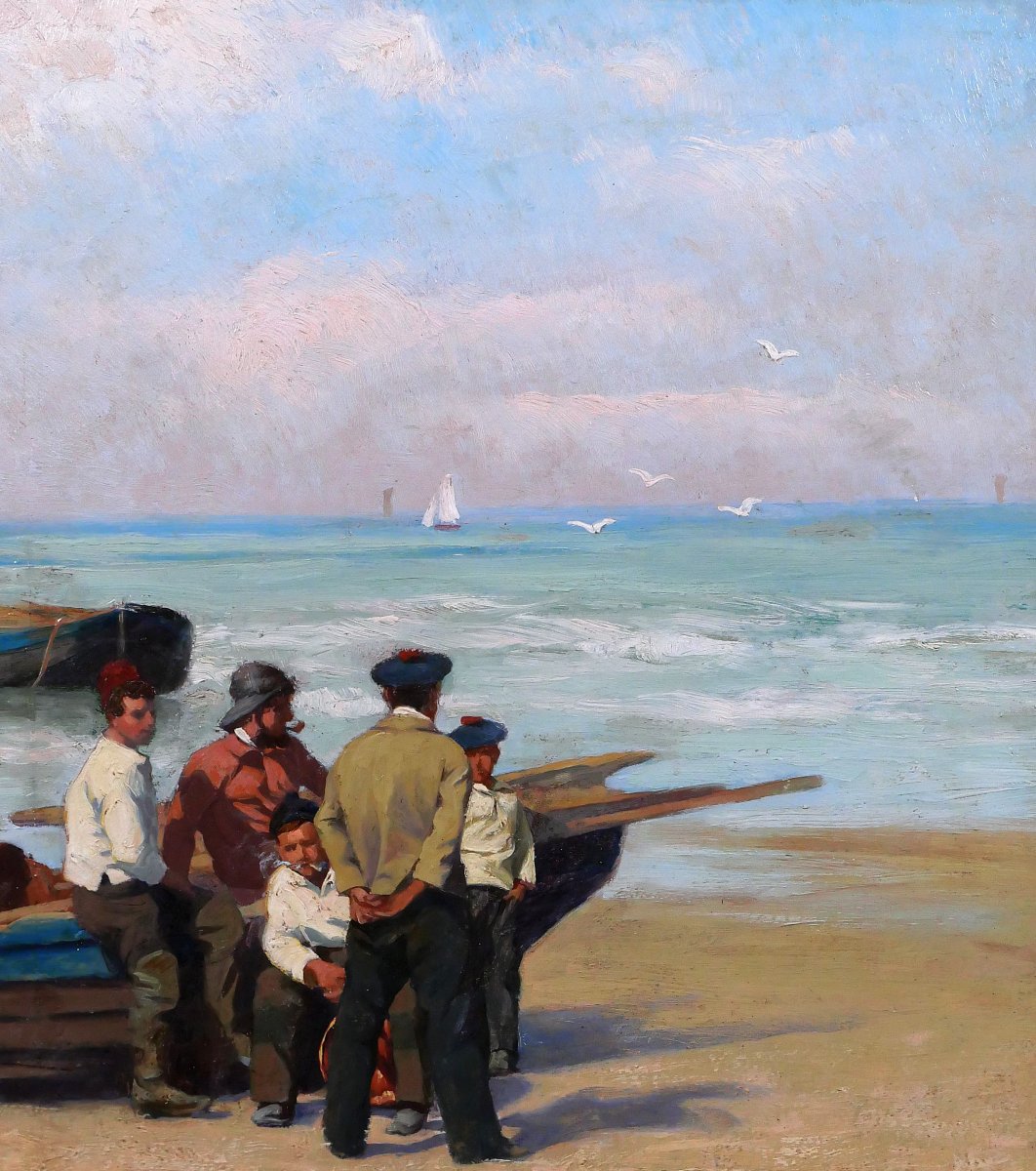 Paul-antoine Hallez 1872-1965 Fishermen, Waiting For The Tide, Painting Circa1900 Sea Landscape-photo-3