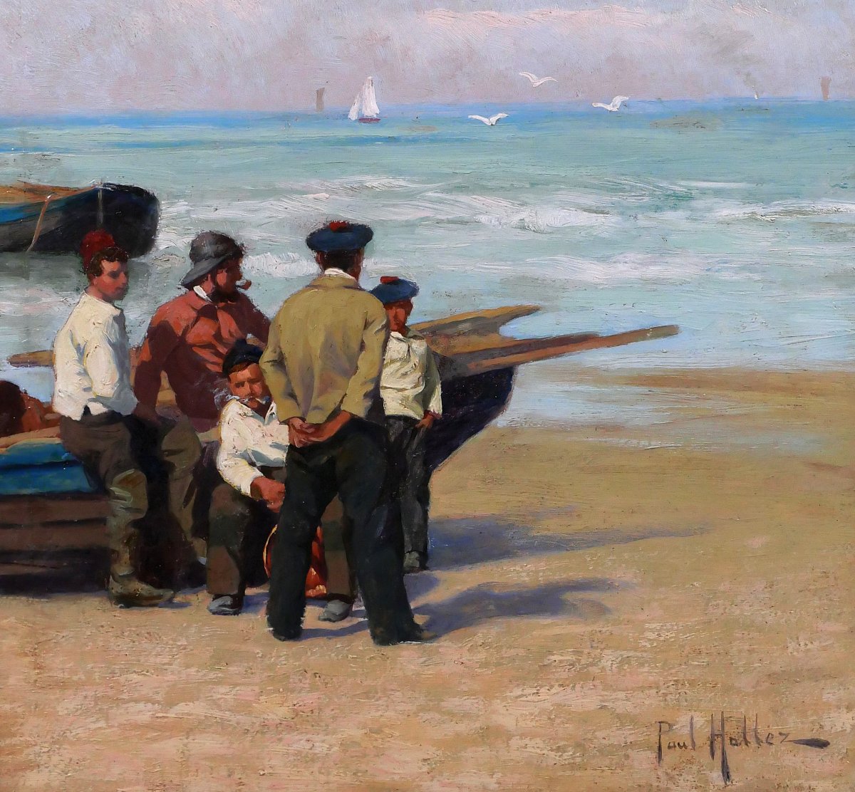 Paul-antoine Hallez 1872-1965 Fishermen, Waiting For The Tide, Painting Circa1900 Sea Landscape-photo-4