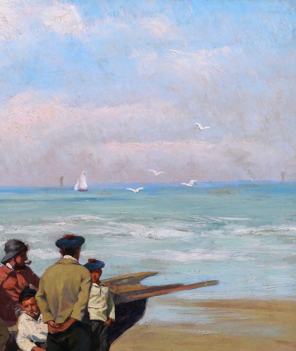 Paul-antoine Hallez 1872-1965 Fishermen, Waiting For The Tide, Painting Circa1900 Sea Landscape-photo-2