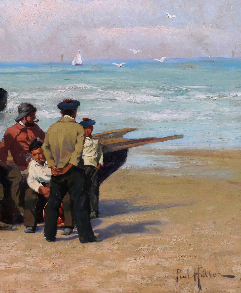 Paul-antoine Hallez 1872-1965 Fishermen, Waiting For The Tide, Painting Circa1900 Sea Landscape-photo-3
