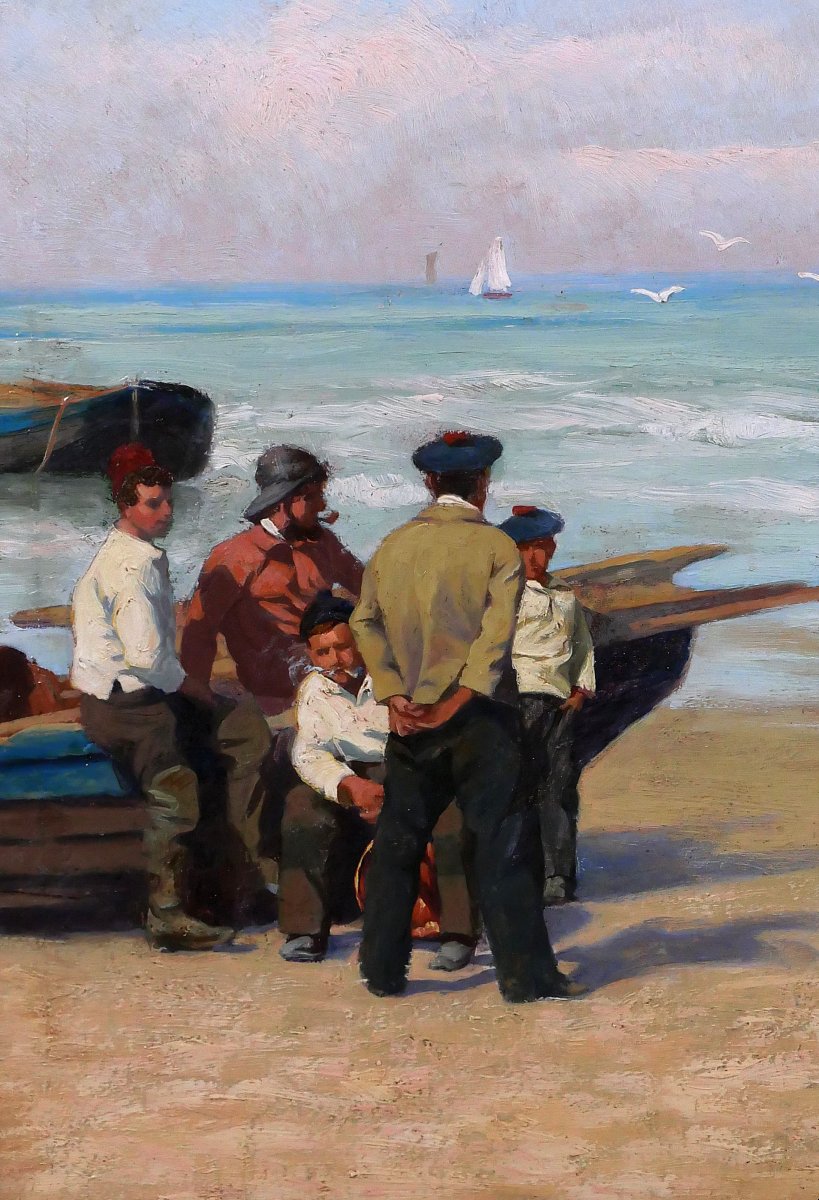 Paul-antoine Hallez 1872-1965 Fishermen, Waiting For The Tide, Painting Circa1900 Sea Landscape-photo-4