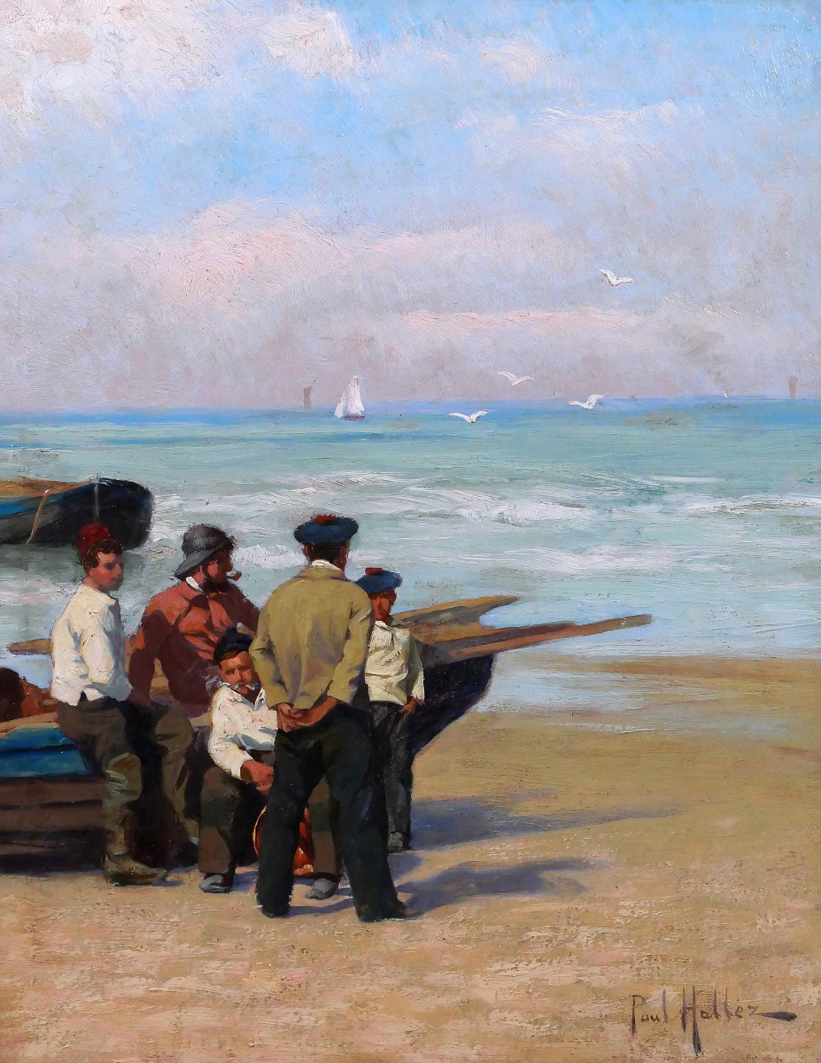 Paul-antoine Hallez 1872-1965 Fishermen, Waiting For The Tide, Painting Circa1900 Sea Landscape