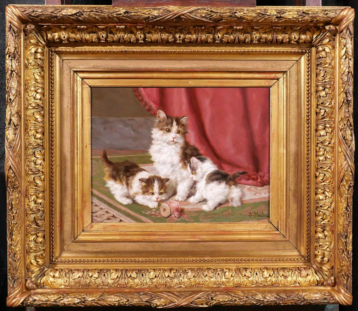 Daniel Merlin 1861-1933 Cat And Her Kittens, Antic Painting Circa 1900 Cats Animals-photo-2
