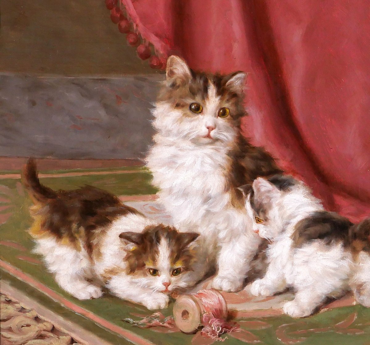 Daniel Merlin 1861-1933 Cat And Her Kittens, Antic Painting Circa 1900 Cats Animals-photo-3