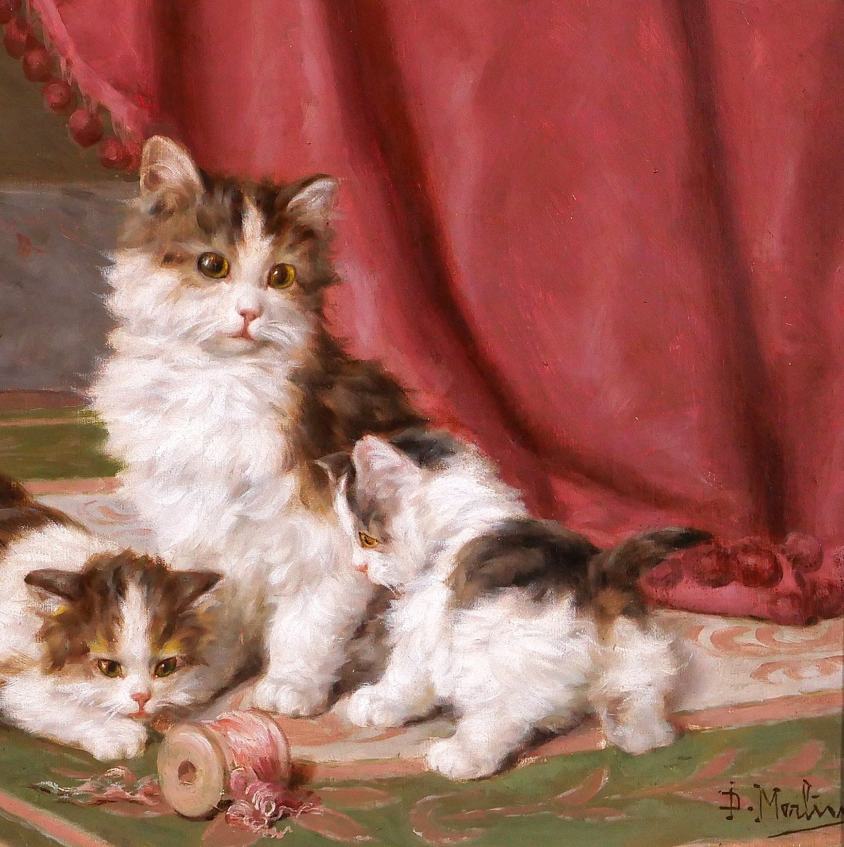 Daniel Merlin 1861-1933 Cat And Her Kittens, Antic Painting Circa 1900 Cats Animals-photo-4