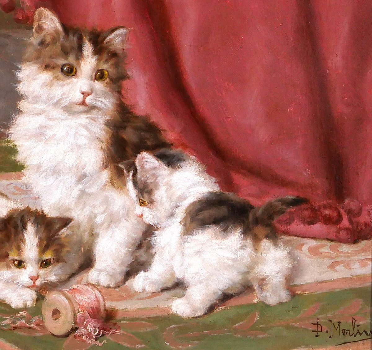 Daniel Merlin 1861-1933 Cat And Her Kittens, Antic Painting Circa 1900 Cats Animals-photo-3