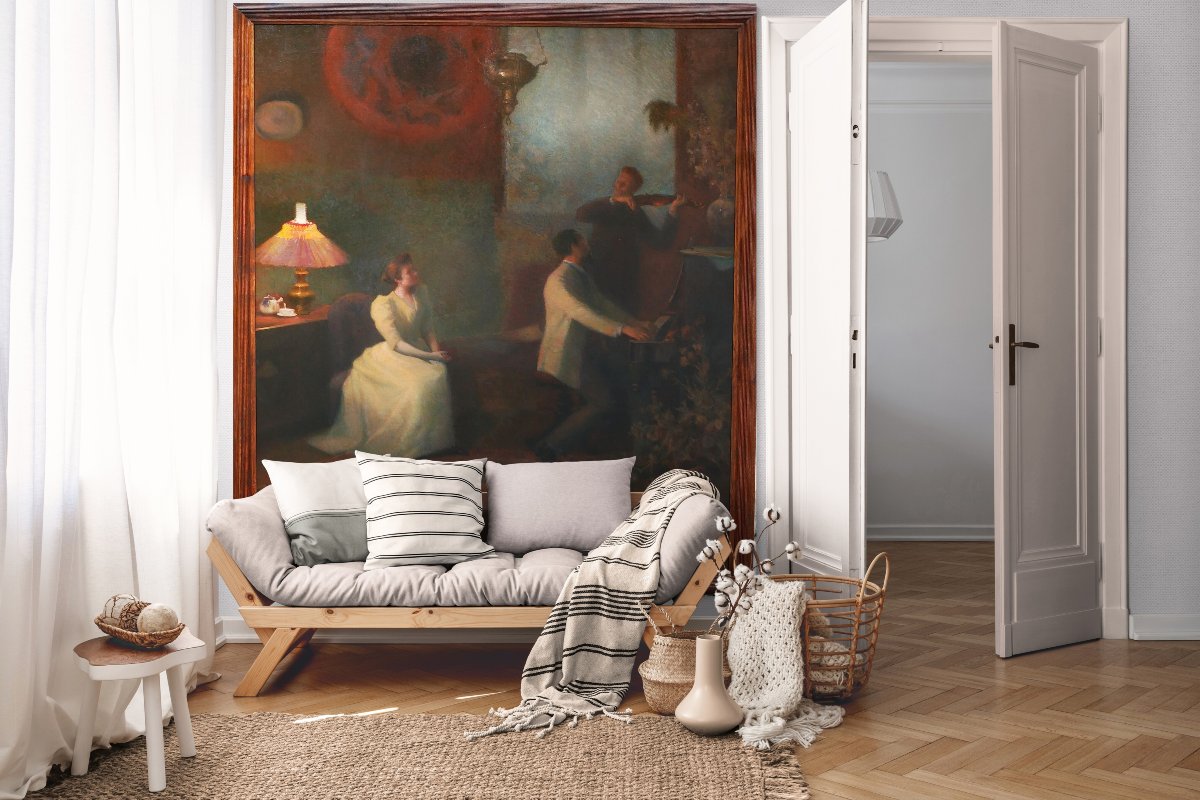 Emile-Eugène FAUCONNIER 1857-1938 Concert, effet du soir, grand tableau, 1894 musique violon-photo-3