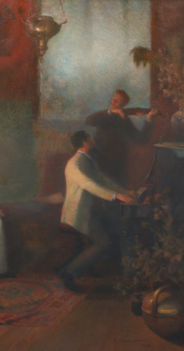 Emile-Eugène FAUCONNIER 1857-1938 Concert, effet du soir, grand tableau, 1894 musique violon-photo-3