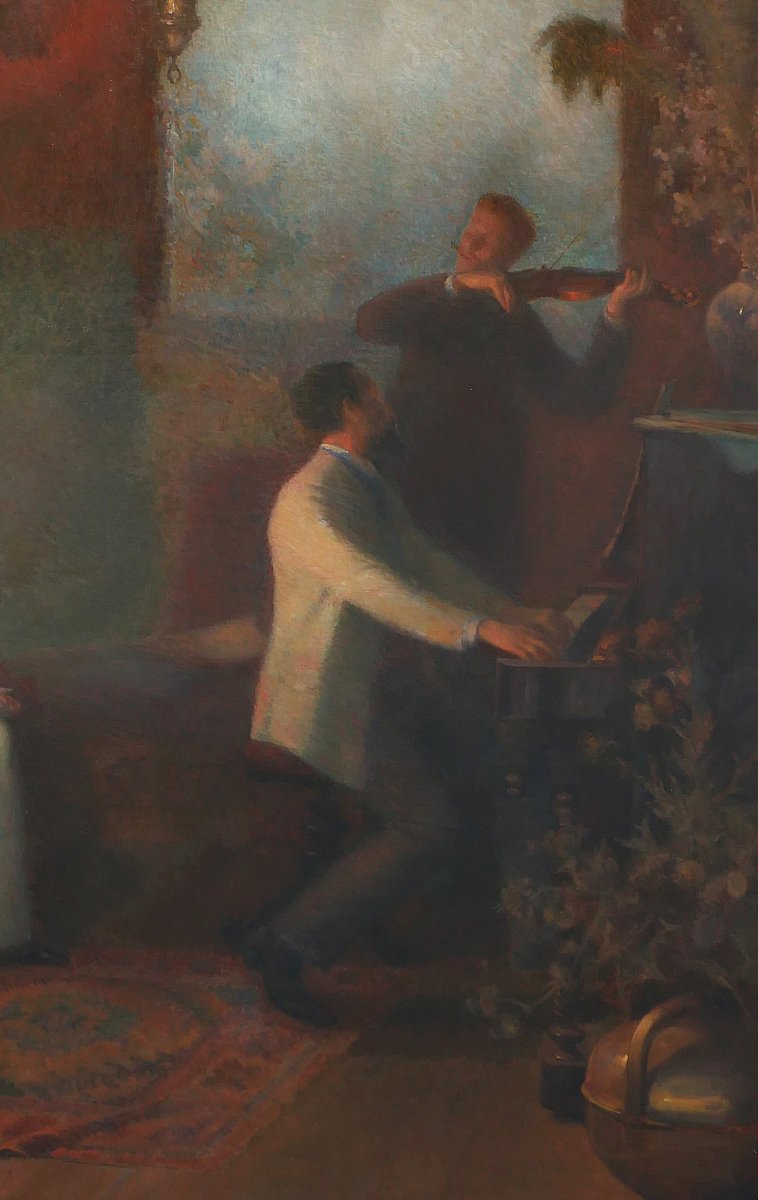 Emile-Eugène FAUCONNIER 1857-1938 Concert, effet du soir, grand tableau, 1894 musique violon-photo-4