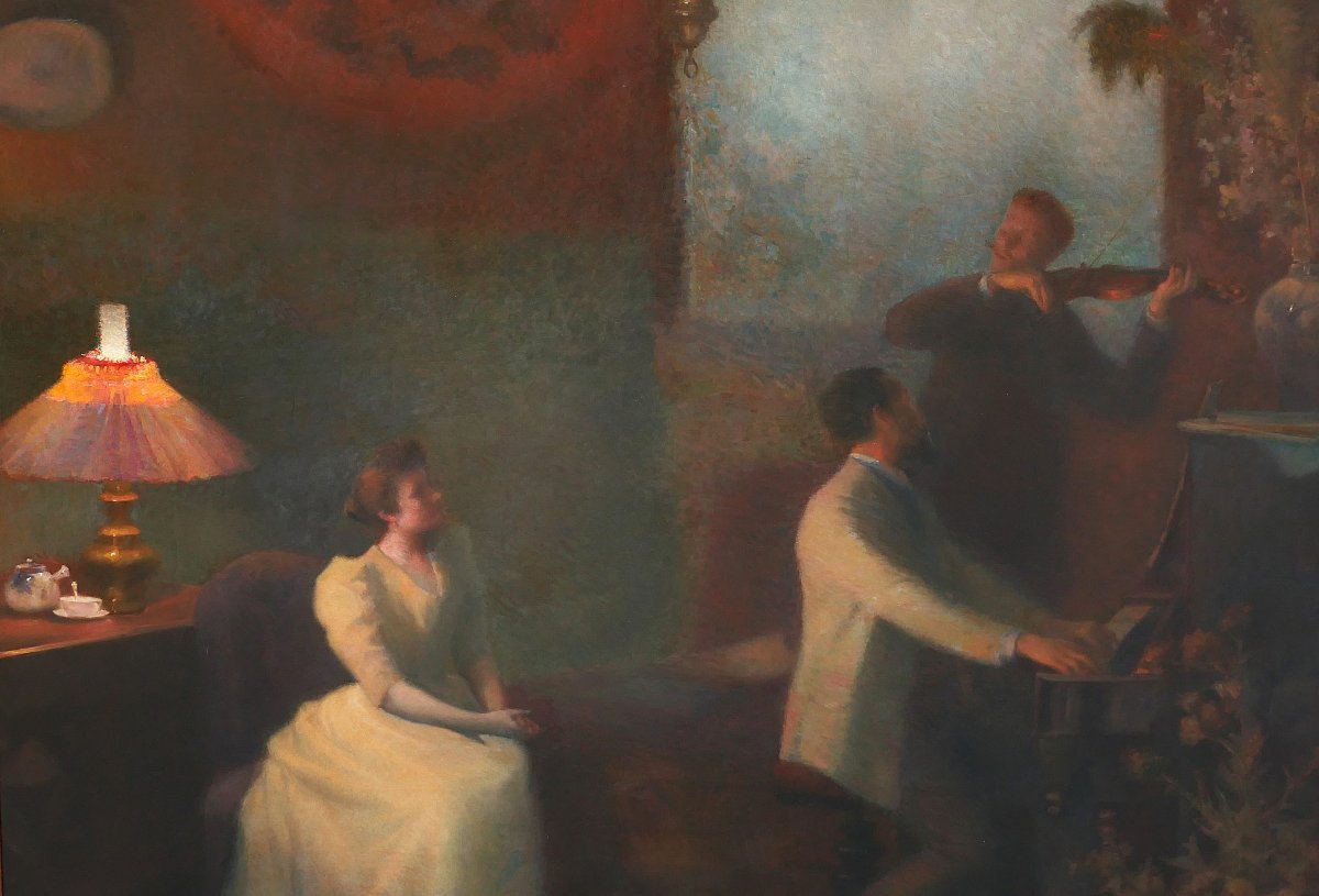 Emile-Eugène FAUCONNIER 1857-1938 Concert, effet du soir, grand tableau, 1894 musique violon-photo-5