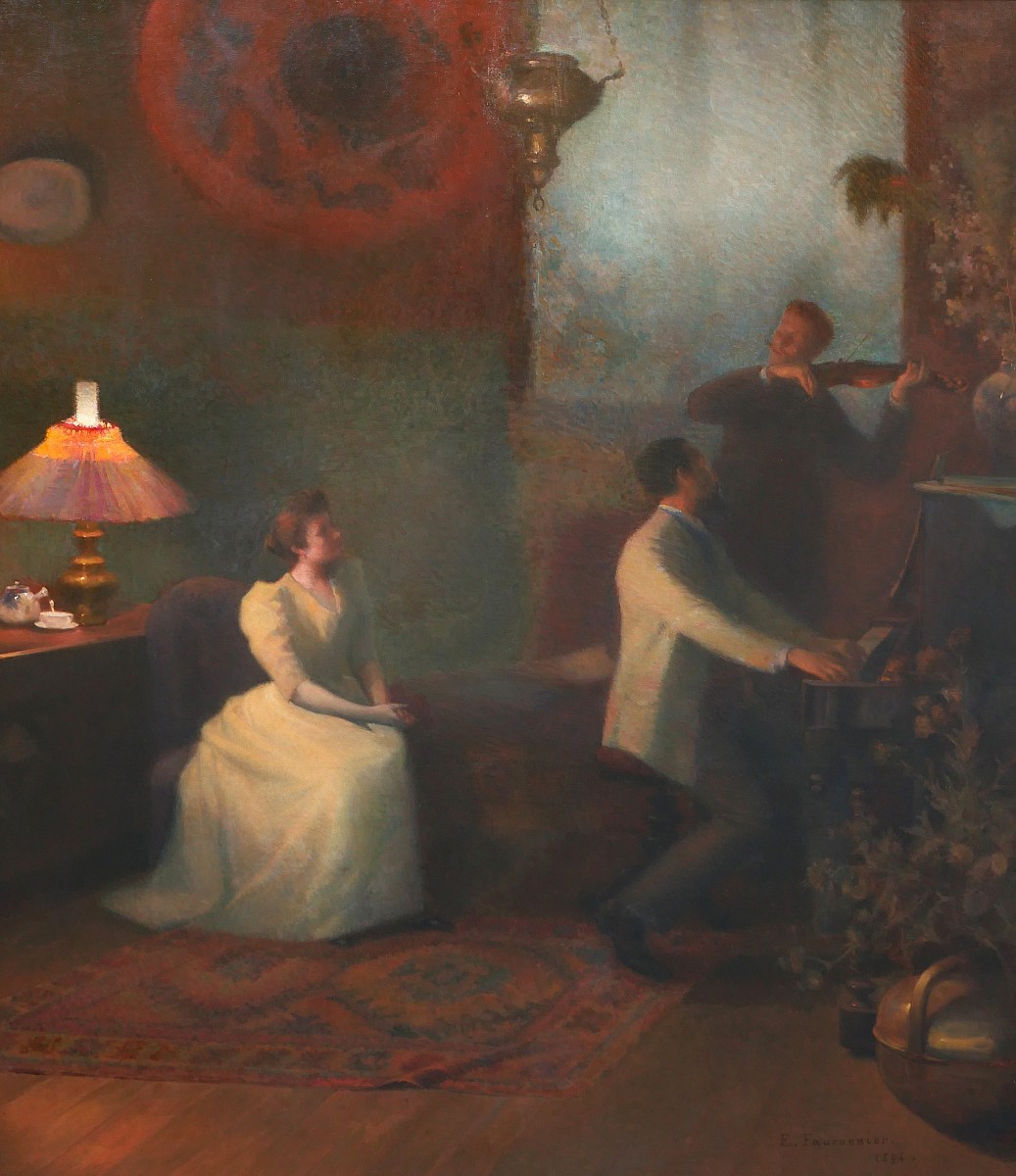 Emile-Eugène FAUCONNIER 1857-1938 Concert, effet du soir, grand tableau, 1894 musique violon