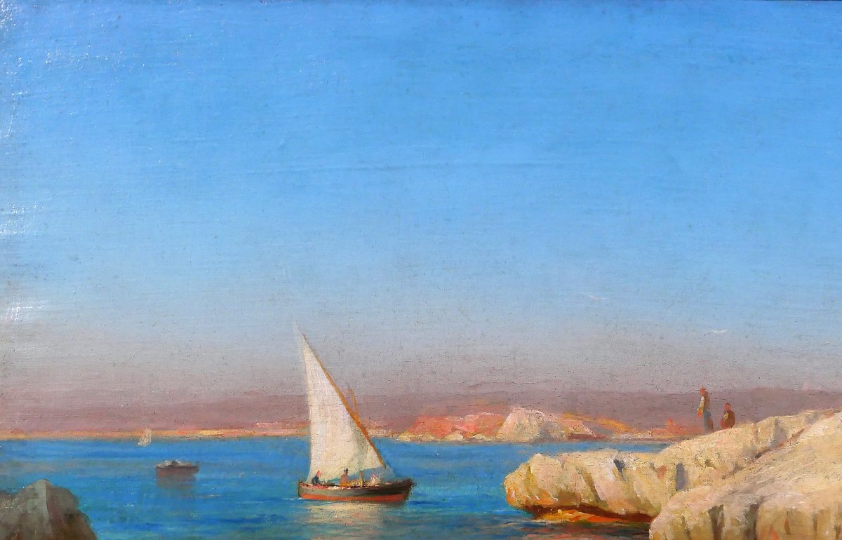 François Gautier 1842-1917 Marseille, Boat At Sea, Landscape, Painting Circa 1890 Impressionism-photo-1