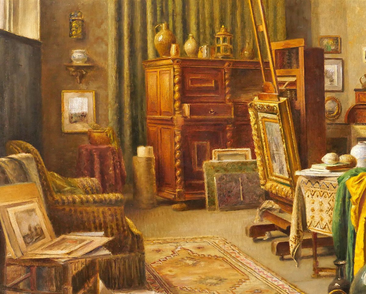 Paul Verdussen 1868-1944 The Painter's Studio, Interior, Painting, Circa 1900, Belgium-photo-1