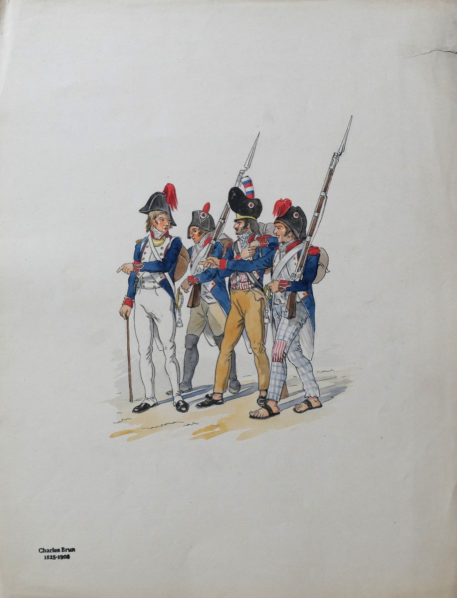 Charles Guillaume Brun 1825- 1908 Soldiers, Empire Directory Drawing Uniform Napoleon Militaria-photo-3
