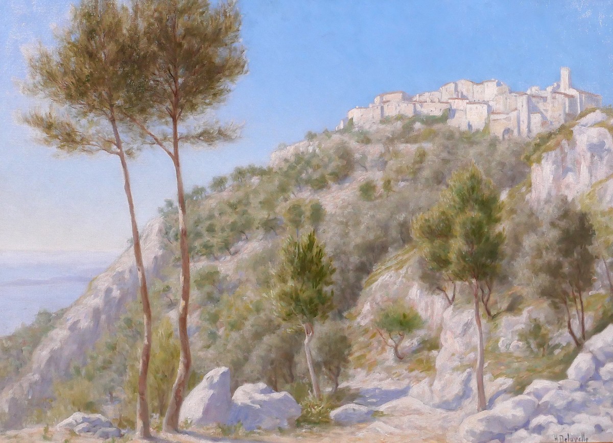 Henri-victor Delavelle 1868-1919 Eze, Var, Landscape With Trees, Painting, Circa 1900, Toulon, Sea