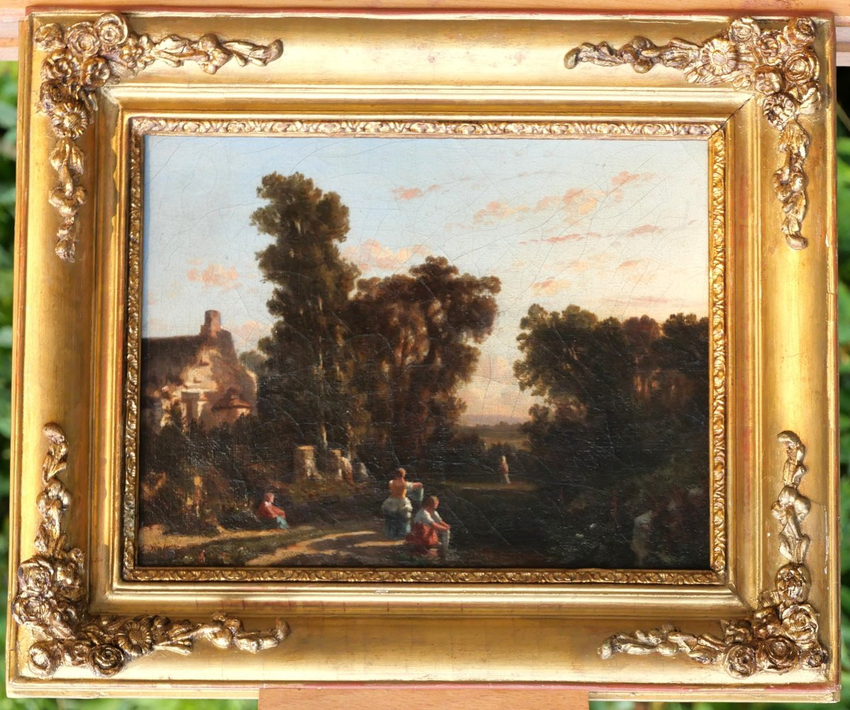 André Malathier, C. 1840, Landscape With Washerwomen, Evening Effect, Romantic Painting-photo-2